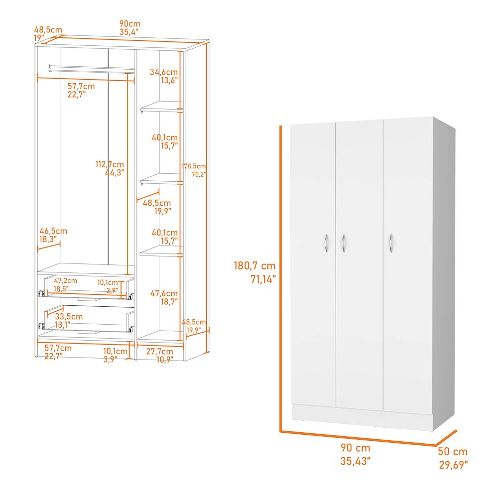 3-Door Wardrobe with Hanging Rod White. Picture 7