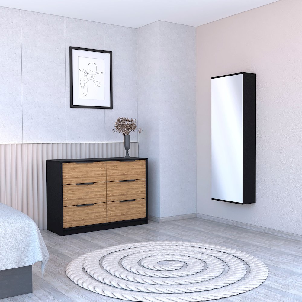 2-Piece Bedroom Set, Wall Mounted Shoe Rack and Dresser, Black, Mirror and Pine. Picture 4