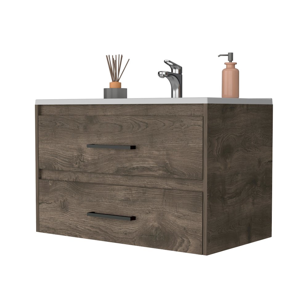 2-Drawer Wall Mounted Bathroom Vanity in Dark Brown and White. Picture 3