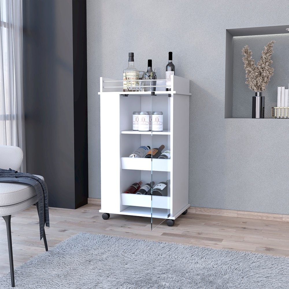 Park Glass Door Bar Cart with Bottle Holder and Casters White. Picture 5