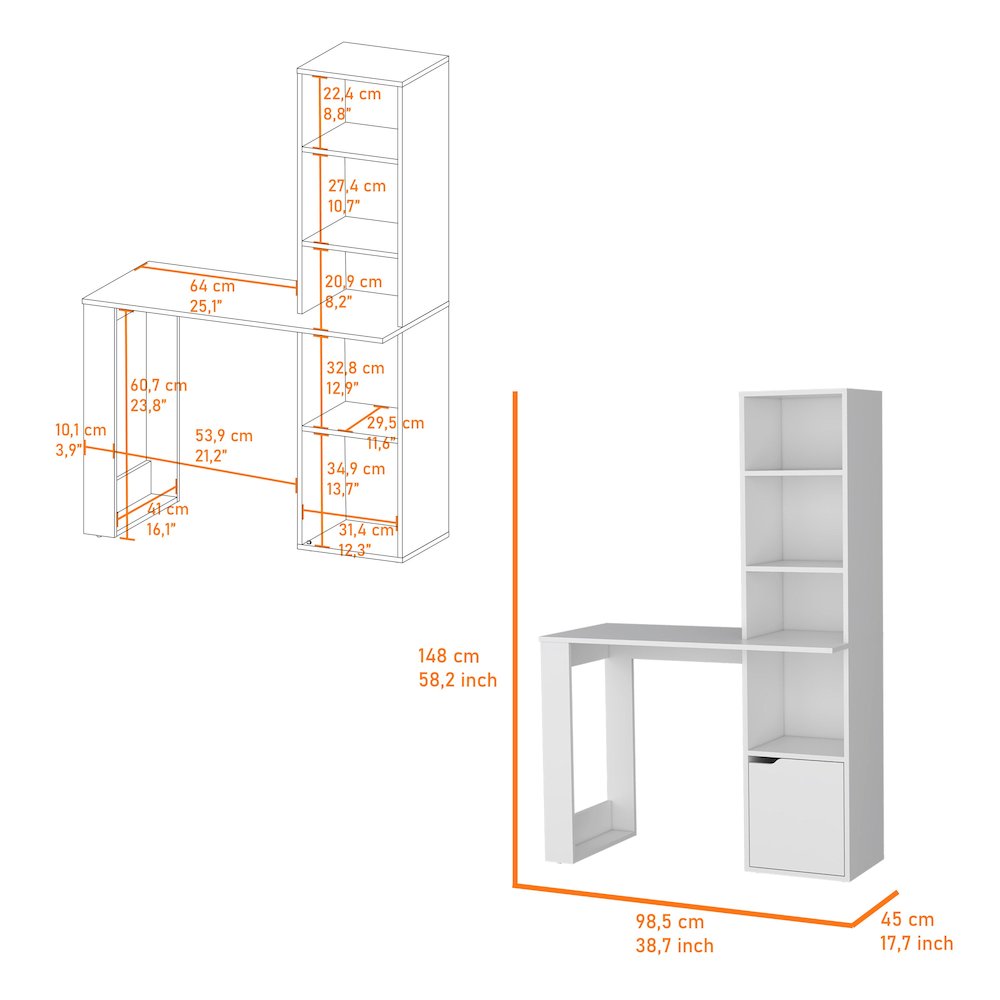 Computer Desk with 4-Tier Bookcase and 1-Door Cabinet White. Picture 7