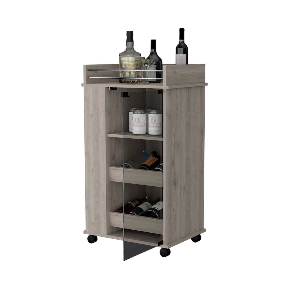 Park Glass Door Bar Cart with Bottle Holder and Casters Light Gray. Picture 6