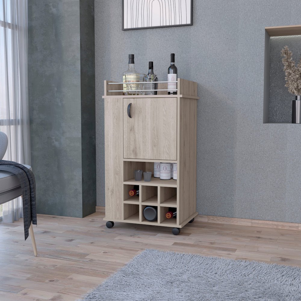 1-Door Bar Cart with Wine Rack and Casters Light Gray. Picture 4