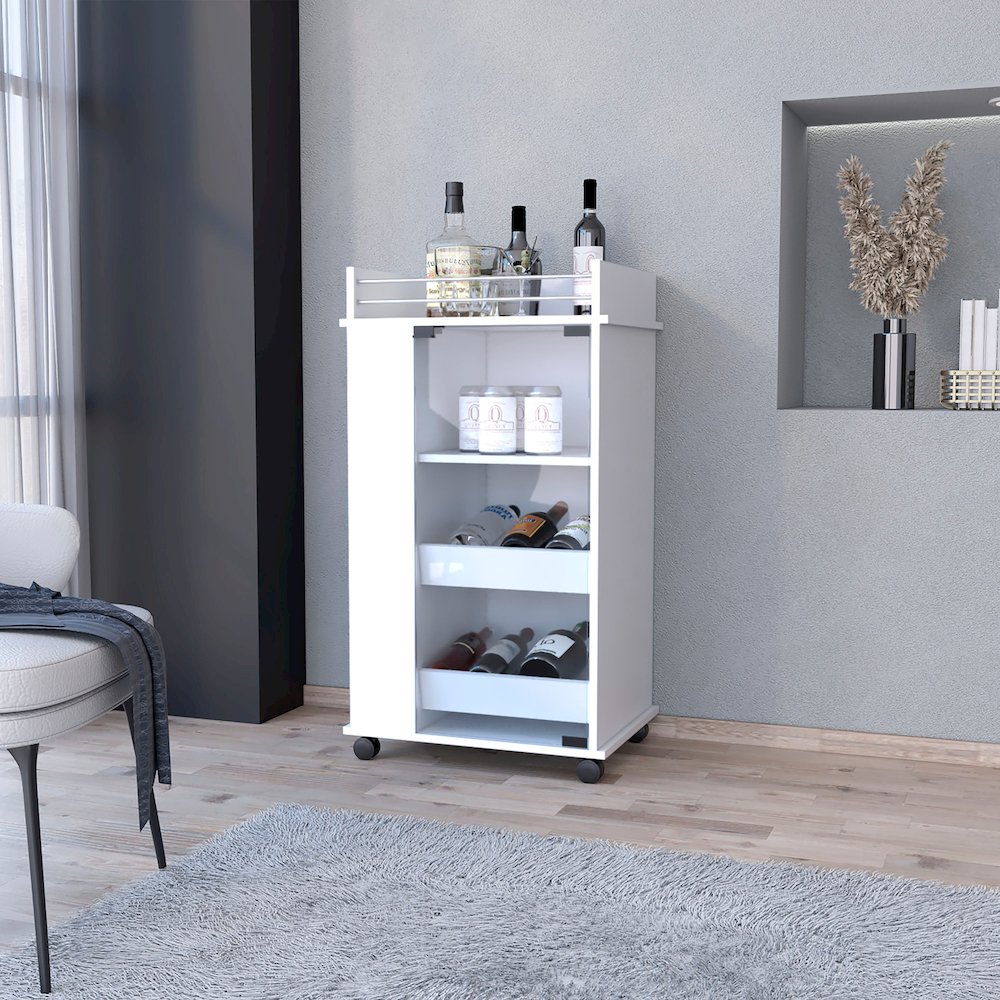 Park Glass Door Bar Cart with Bottle Holder and Casters White. Picture 4