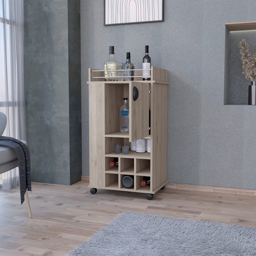 1-Door Bar Cart with Wine Rack and Casters Light Gray. Picture 5