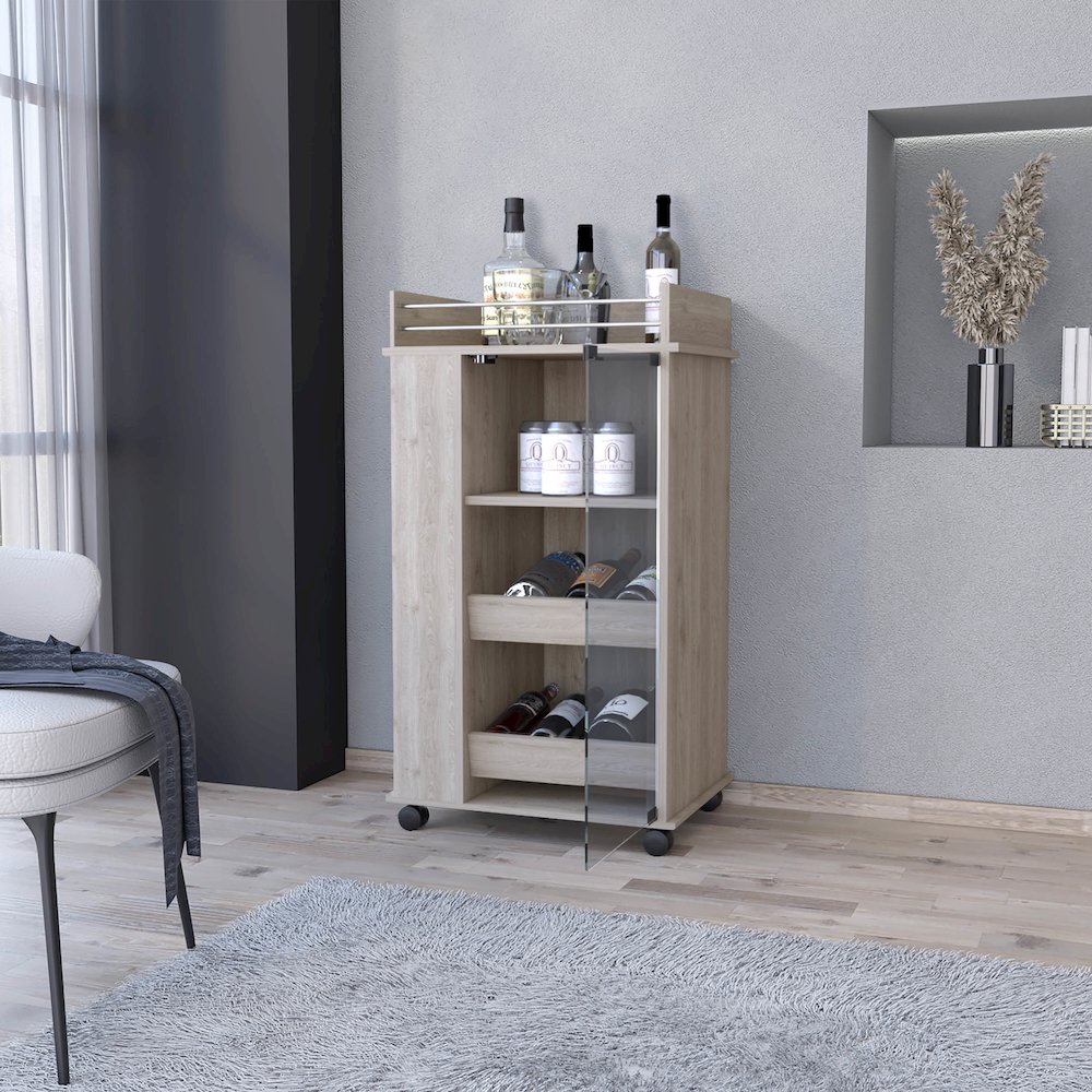 Park Glass Door Bar Cart with Bottle Holder and Casters Light Gray. Picture 5