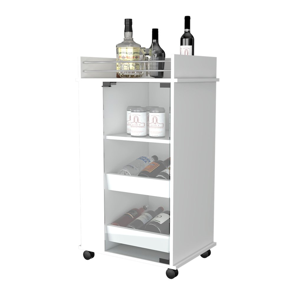 Park Glass Door Bar Cart with Bottle Holder and Casters White. Picture 3