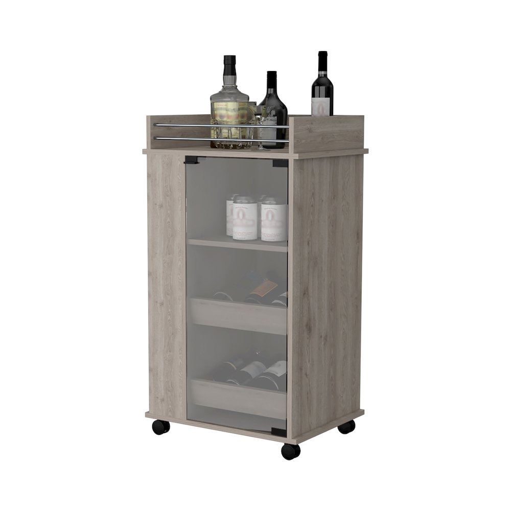 Park Glass Door Bar Cart with Bottle Holder and Casters Light Gray. Picture 3