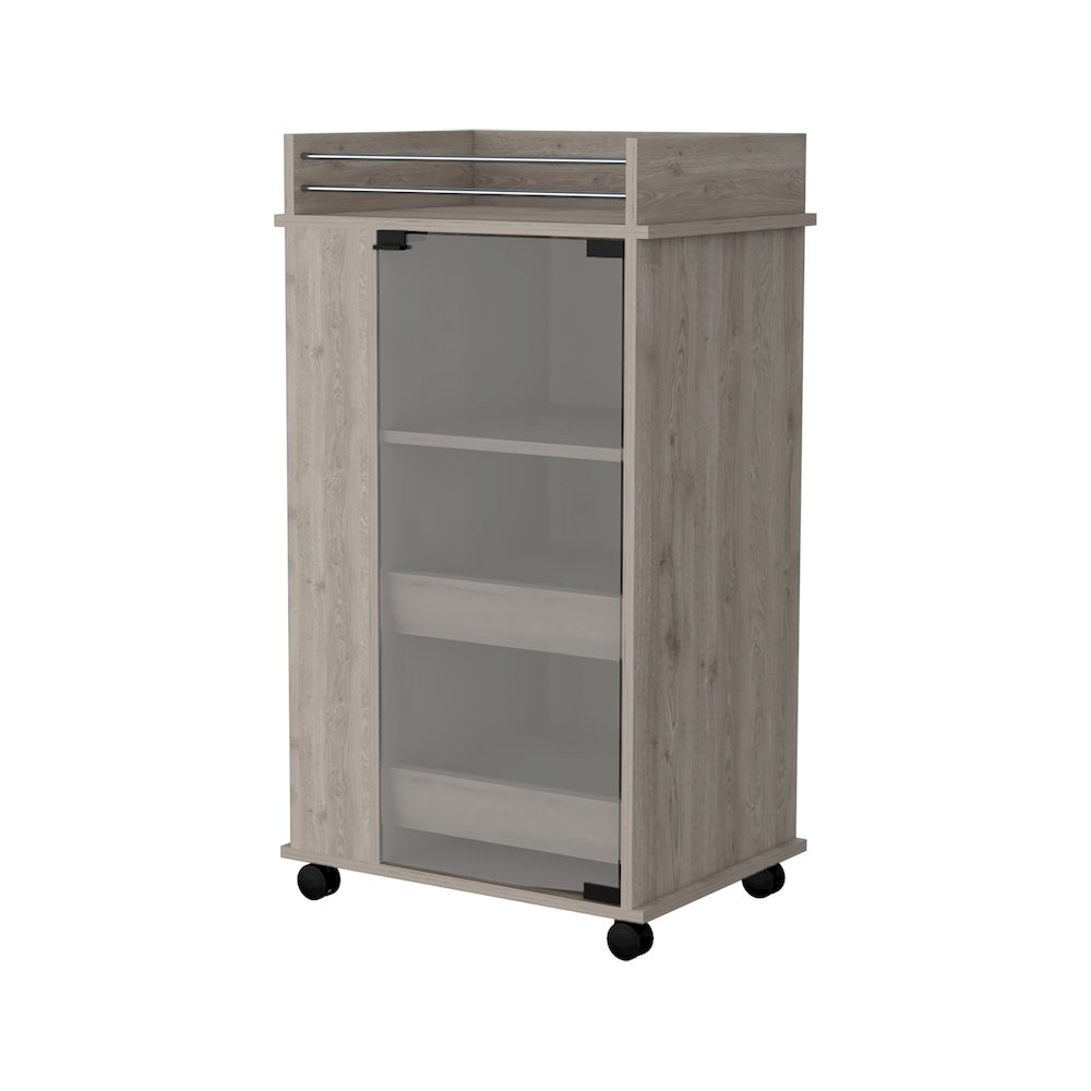 Park Glass Door Bar Cart with Bottle Holder and Casters Light Gray. Picture 1