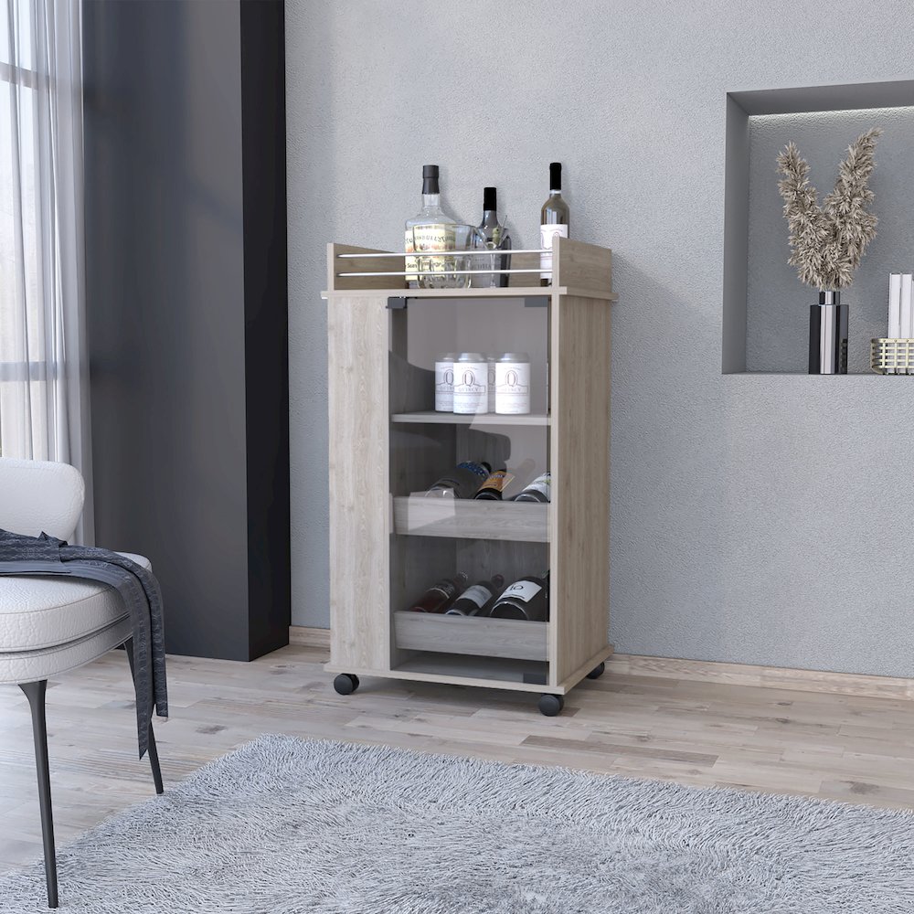 Park Glass Door Bar Cart with Bottle Holder and Casters Light Gray. Picture 4