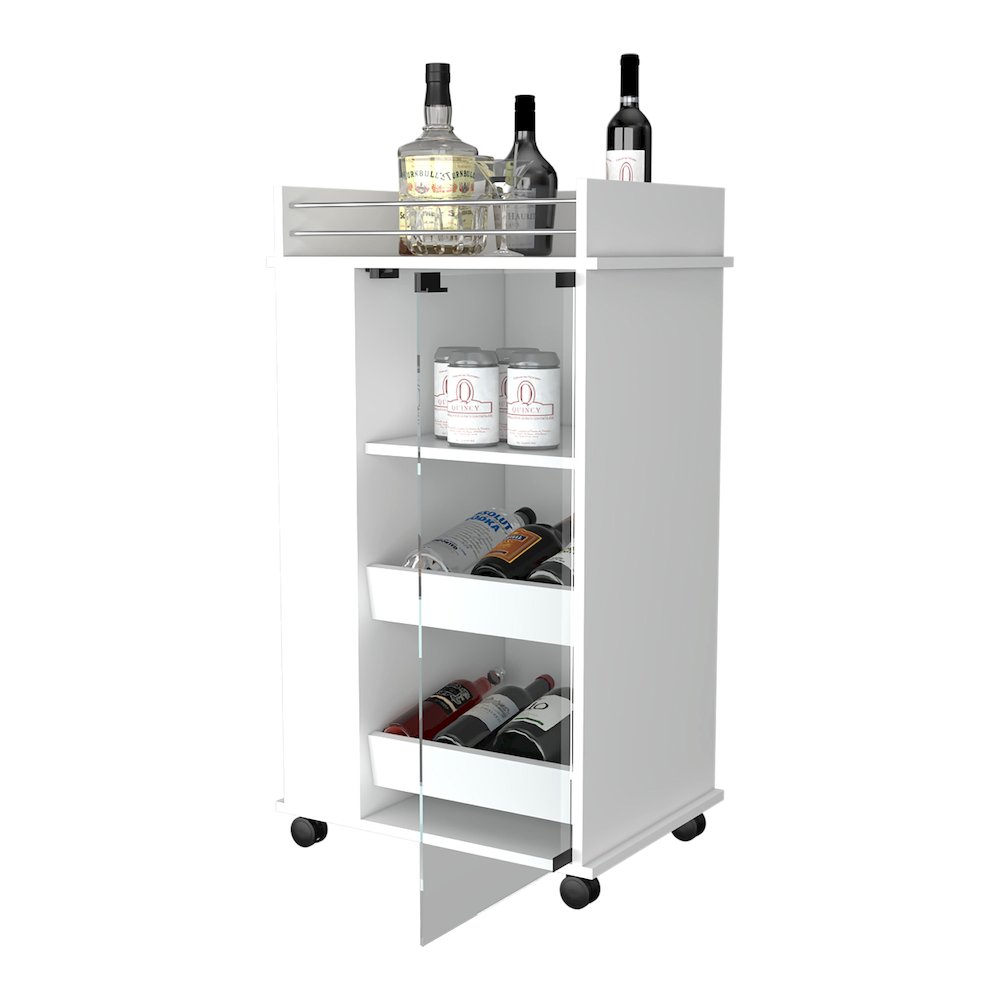 Park Glass Door Bar Cart with Bottle Holder and Casters White. Picture 6