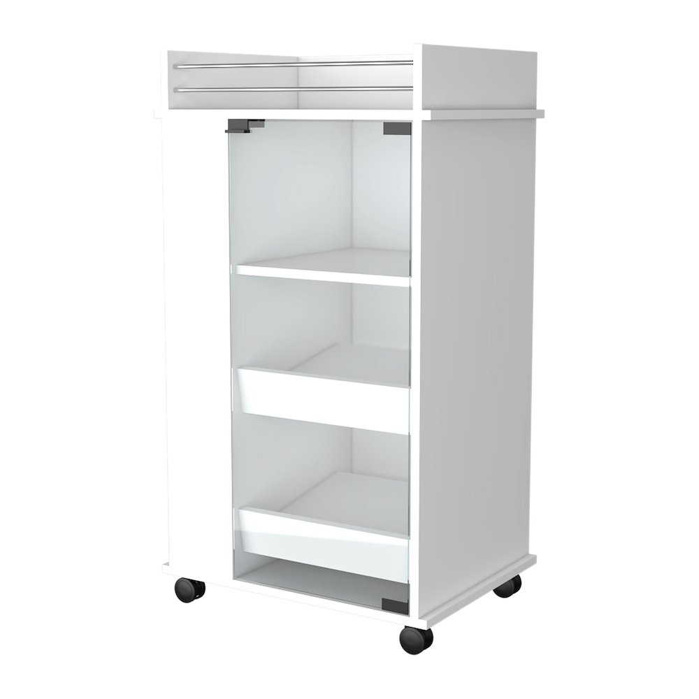 Park Glass Door Bar Cart with Bottle Holder and Casters White. Picture 1