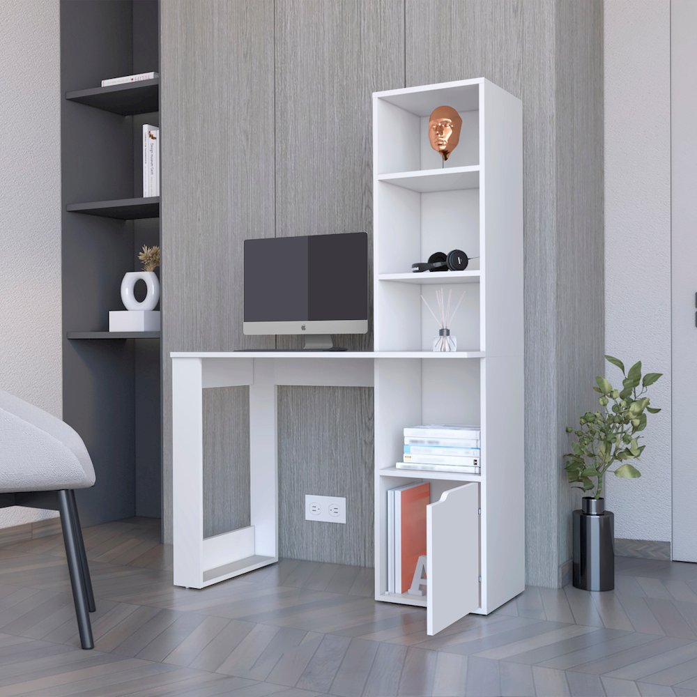 Computer Desk with 4-Tier Bookcase and 1-Door Cabinet White. Picture 5