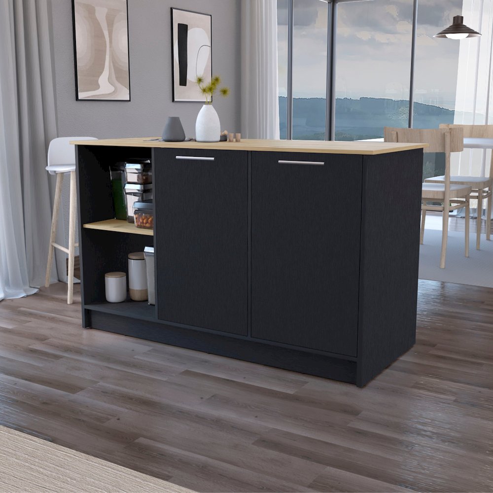 Black and Macadamia Double Door Cabinets Kitchen Island. Picture 4