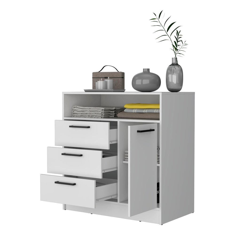 White Open Storage Shelf 3 Drawer Dresser. Picture 6