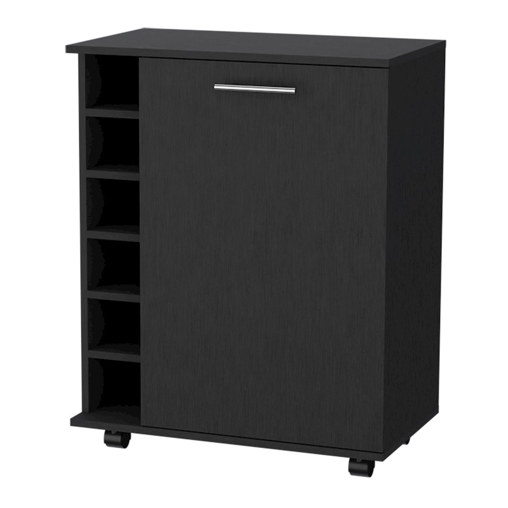 Black 6-Bottle Rack Bar Cart. Picture 1