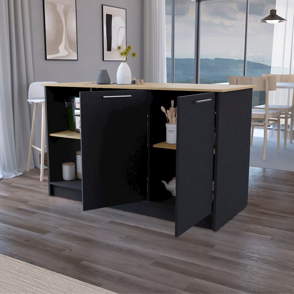 Black and Macadamia Double Door Cabinets Kitchen Island. Picture 5