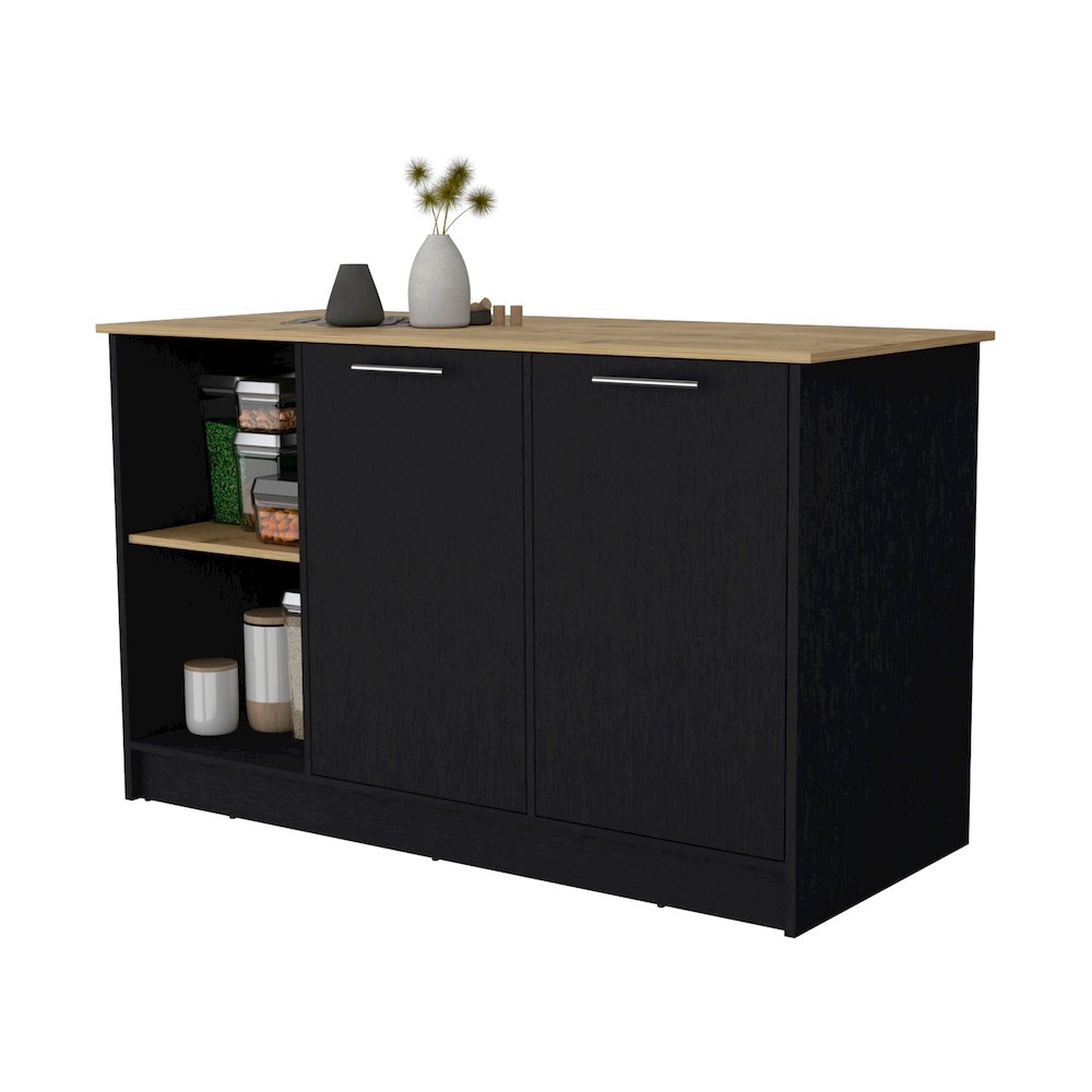 Black and Macadamia Double Door Cabinets Kitchen Island. Picture 3