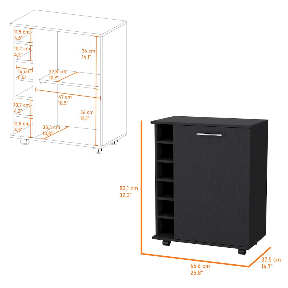 Black 6-Bottle Rack Bar Cart. Picture 7