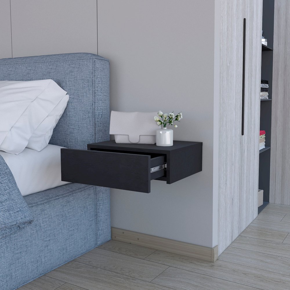 Black Wall-Mounted Floating Nightstand. Picture 5