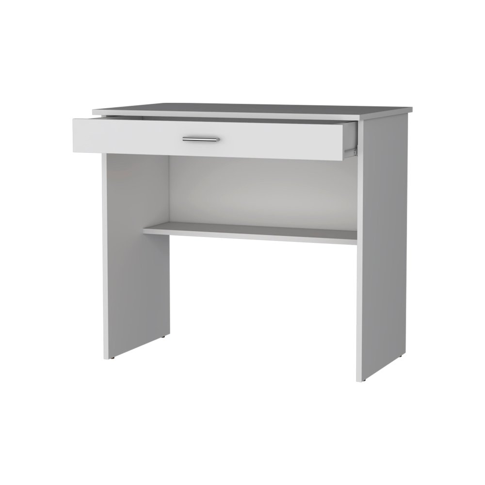 White Storage Desk with Drawer and Shelf. Picture 1