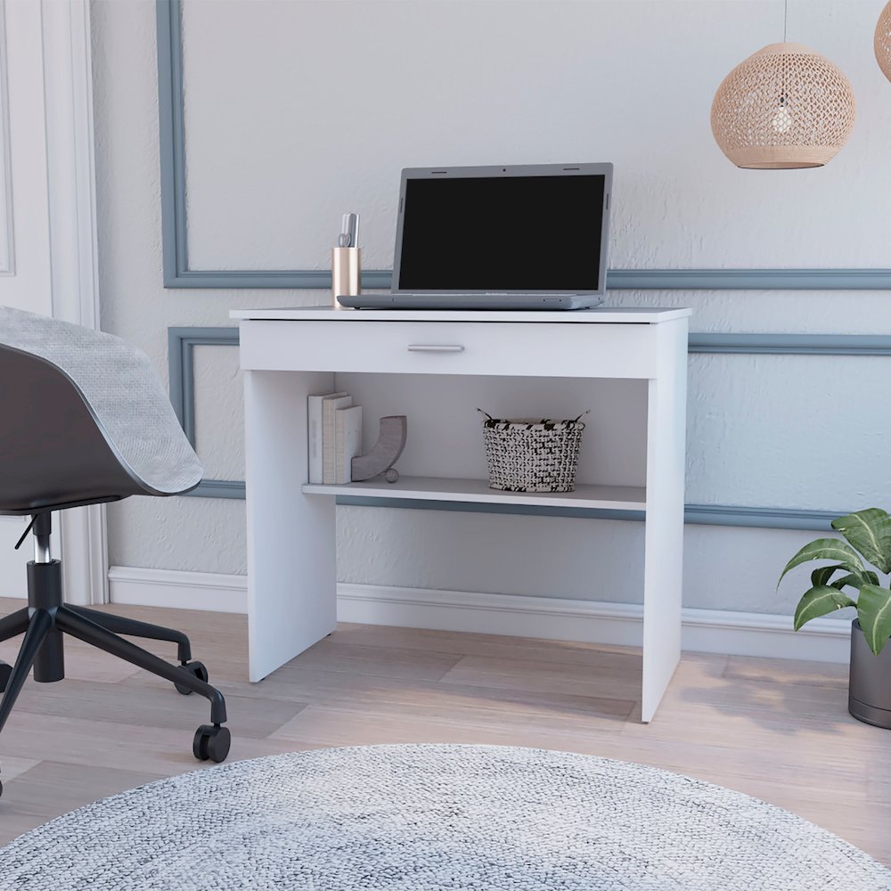 White Storage Desk with Drawer and Shelf. Picture 5
