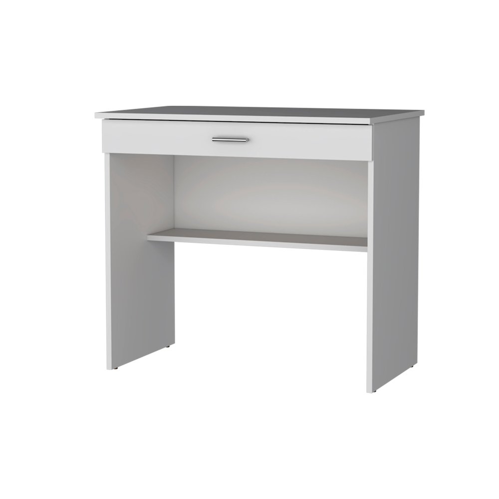 White Storage Desk with Drawer and Shelf. Picture 2
