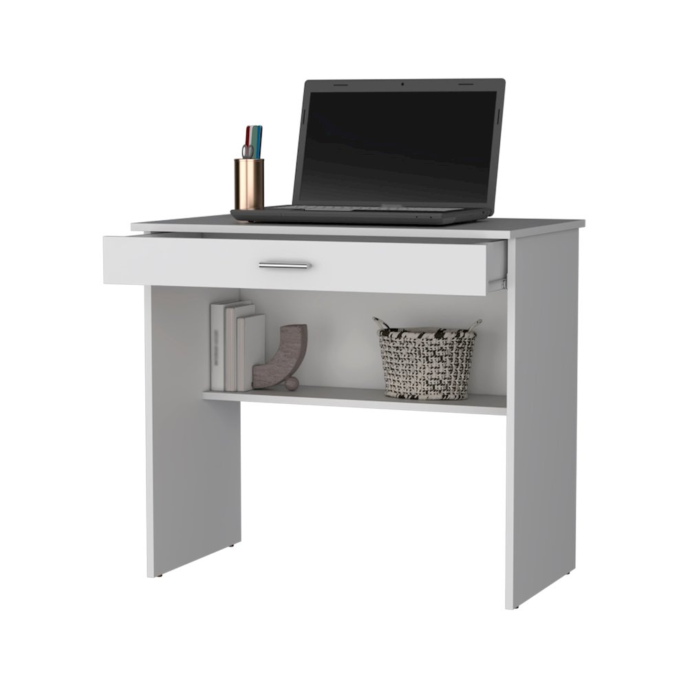 White Storage Desk with Drawer and Shelf. Picture 3