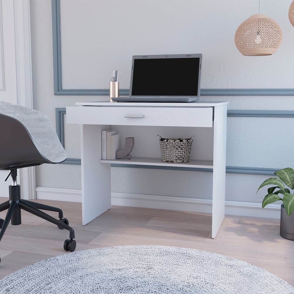 White Storage Desk with Drawer and Shelf. Picture 4