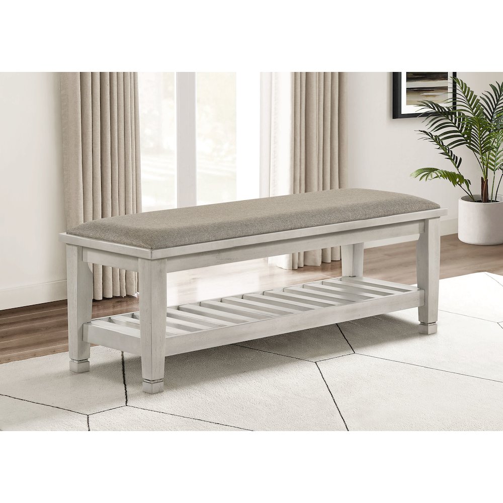 Antique White Upholstered Bench. Picture 2