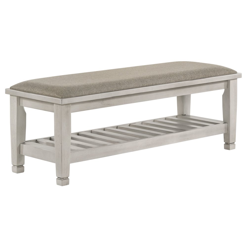 Antique White Upholstered Bench. Picture 1