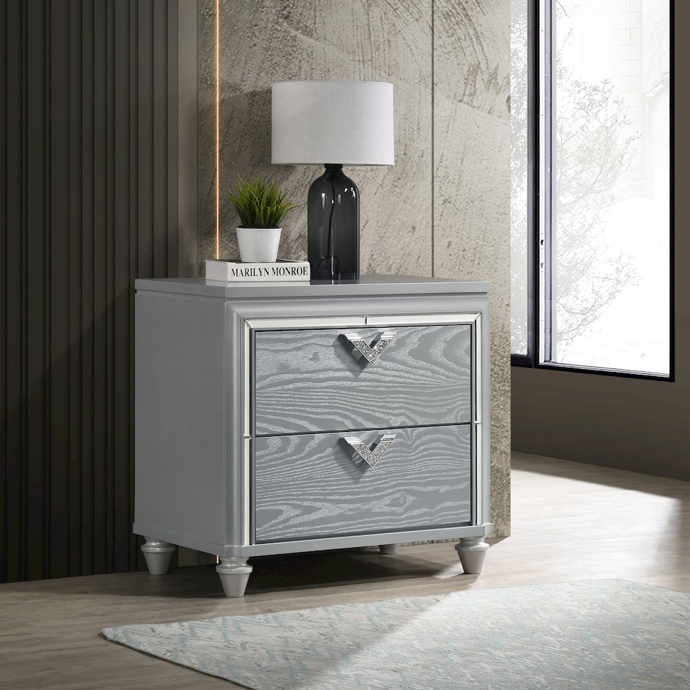 Light Silver 2-Drawer Nightstand. Picture 2
