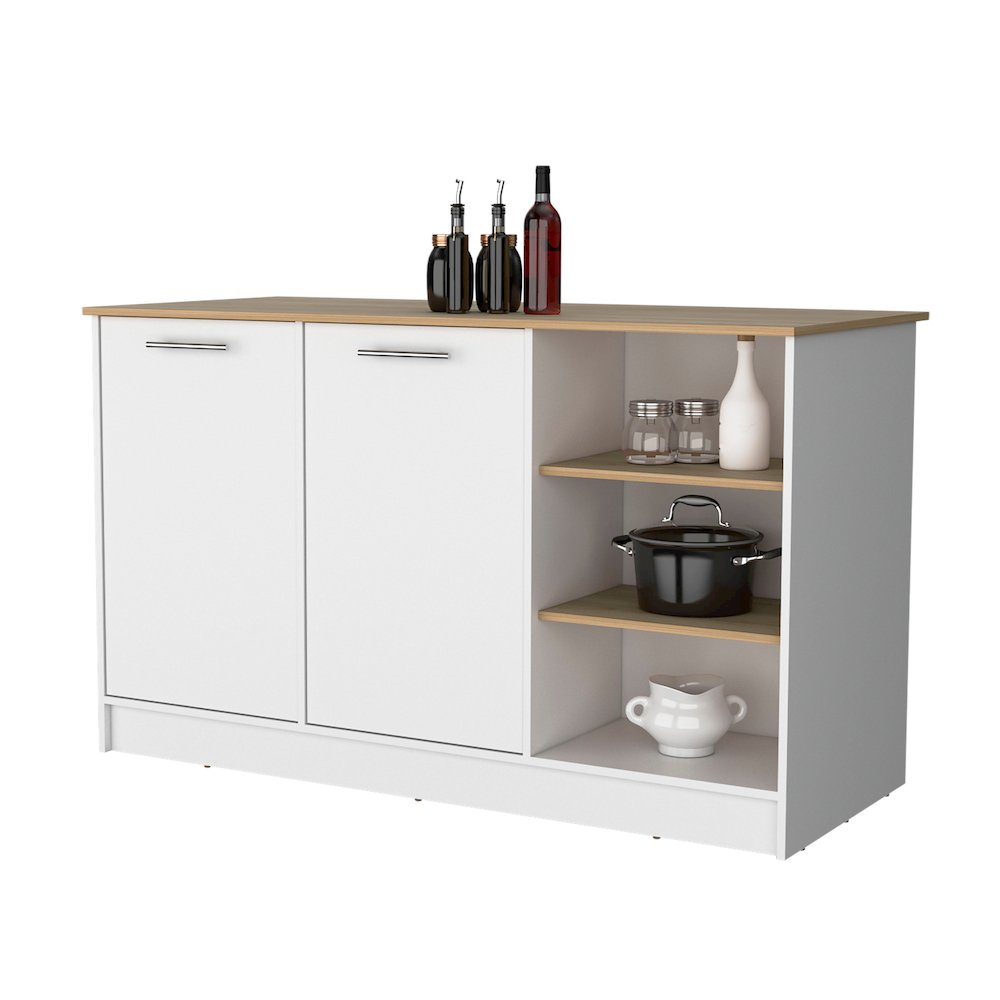 2-Door Kitchen Island with 3 Open Shelves Marquez White and Ash. Picture 5