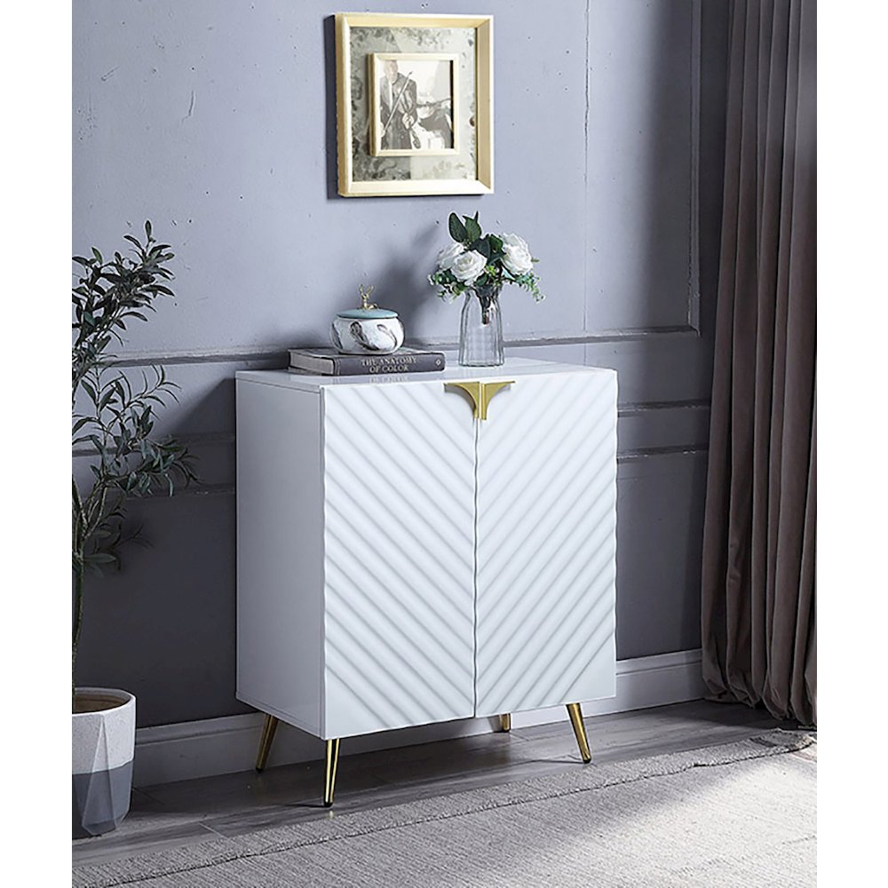 White High Gloss and Gold Console Table with Shelf. Picture 4