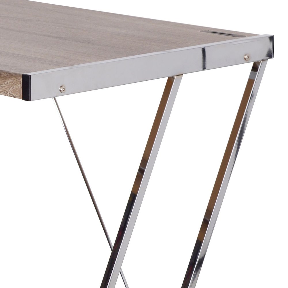 Weathered Oak and Chrome Writing Desk with USB Ports. Picture 5