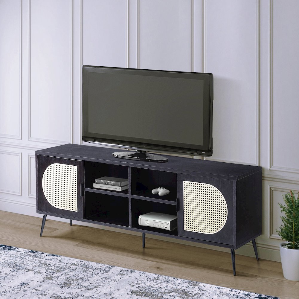 Black TV Stand with Rattan Inserts. Picture 5