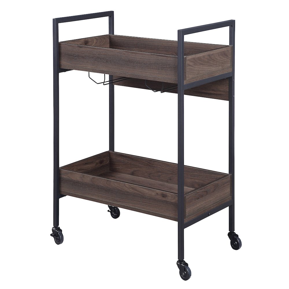 Walnut and Black Serving Cart with 2 Shelves. Picture 1