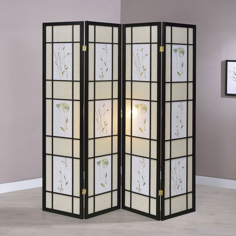 Multi-color 4-panel Folding Screen with Floral Motif. Picture 2