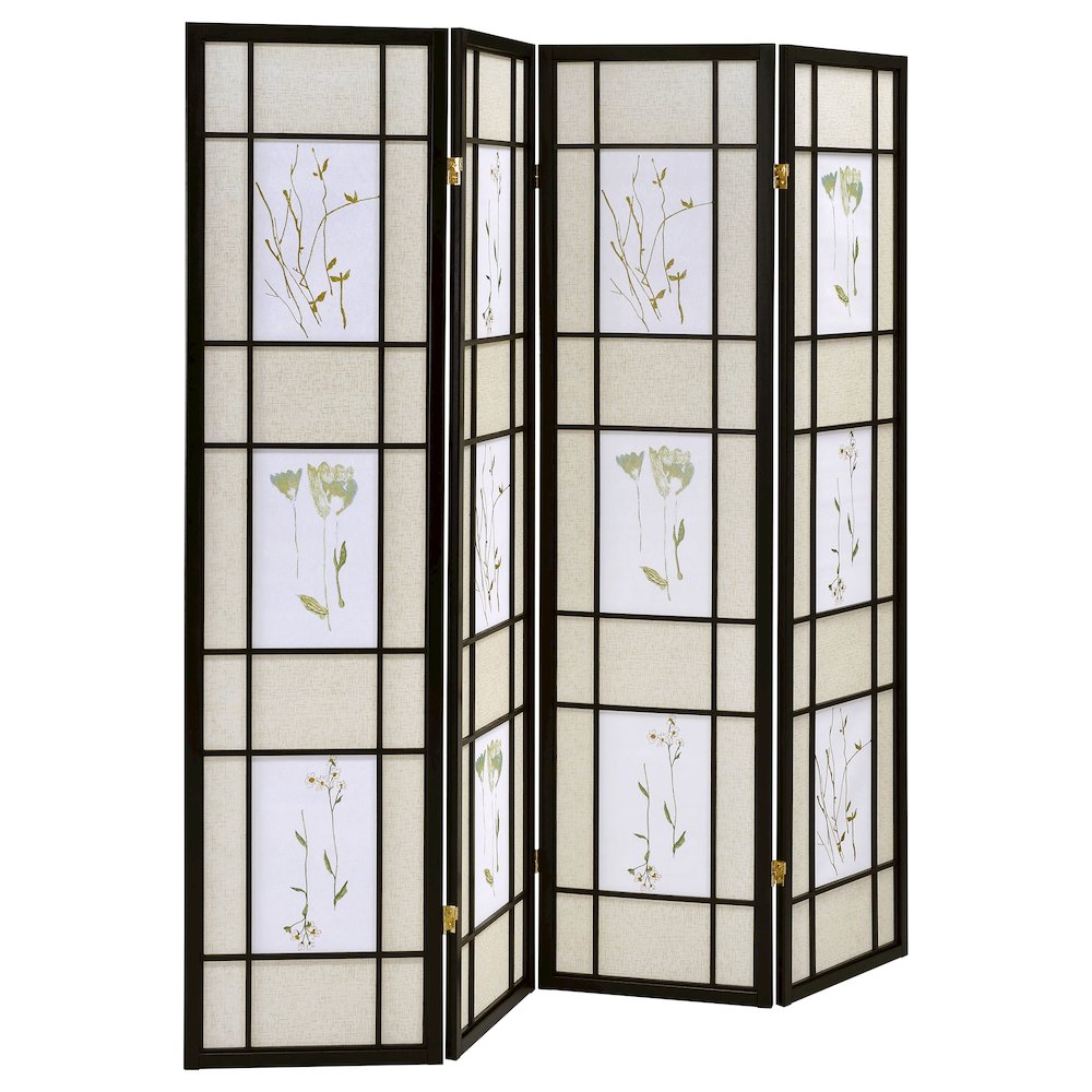Multi-color 4-panel Folding Screen with Floral Motif. Picture 1