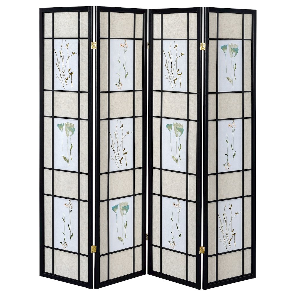 Multi-color 4-panel Folding Screen with Floral Motif. Picture 3