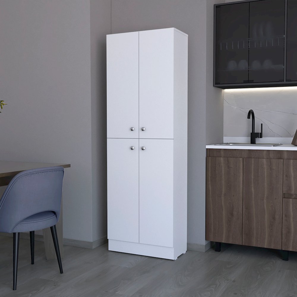 White Pantry Cabinet with 4 Doors and 5 Hidden Shelves. Picture 4