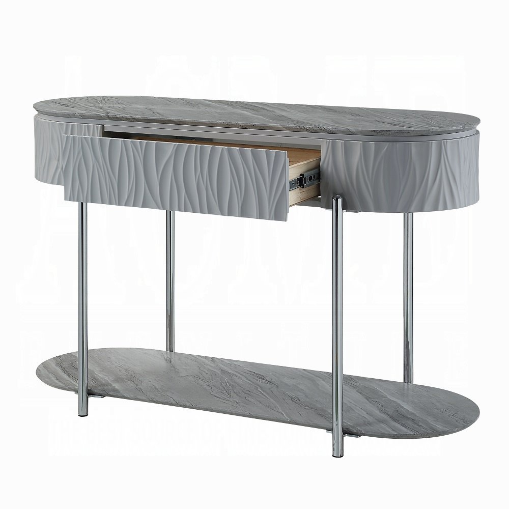 Grey High Gloss and Chrome Sofa Table with Bottom Shelf. Picture 4