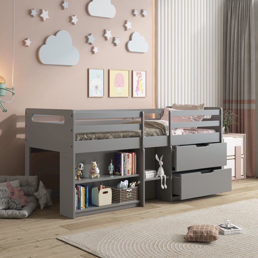 Grey Twin Loft Bed with Built-in Drawers and Bookshelf. Picture 3