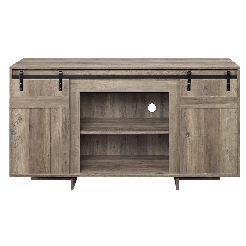 Grey Washed TV Stand with 2 Sliding Barn Doors. Picture 3