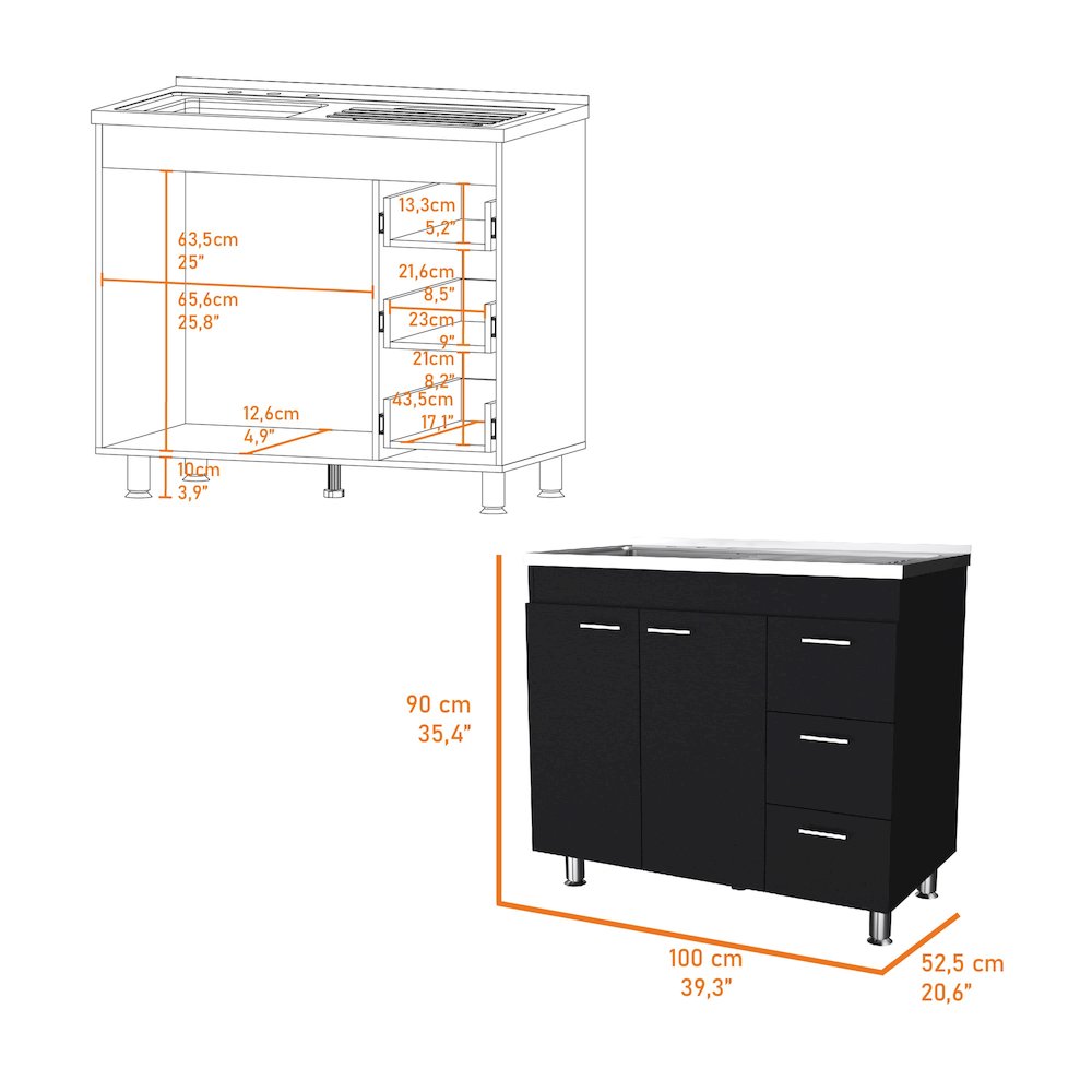 2-Door 3-Drawer Kitchen Cabinet Black. Picture 6