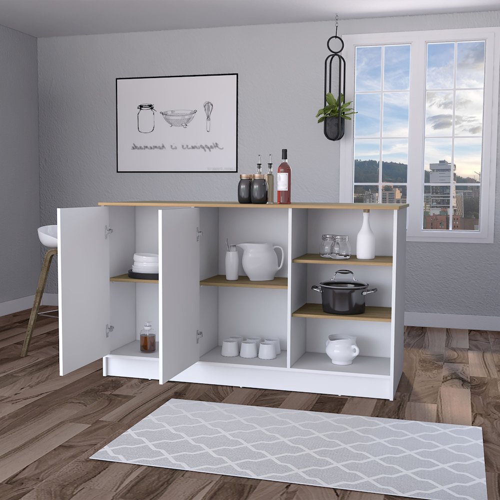 2-Door Kitchen Island with 3 Open Shelves Marquez White and Ash. Picture 3