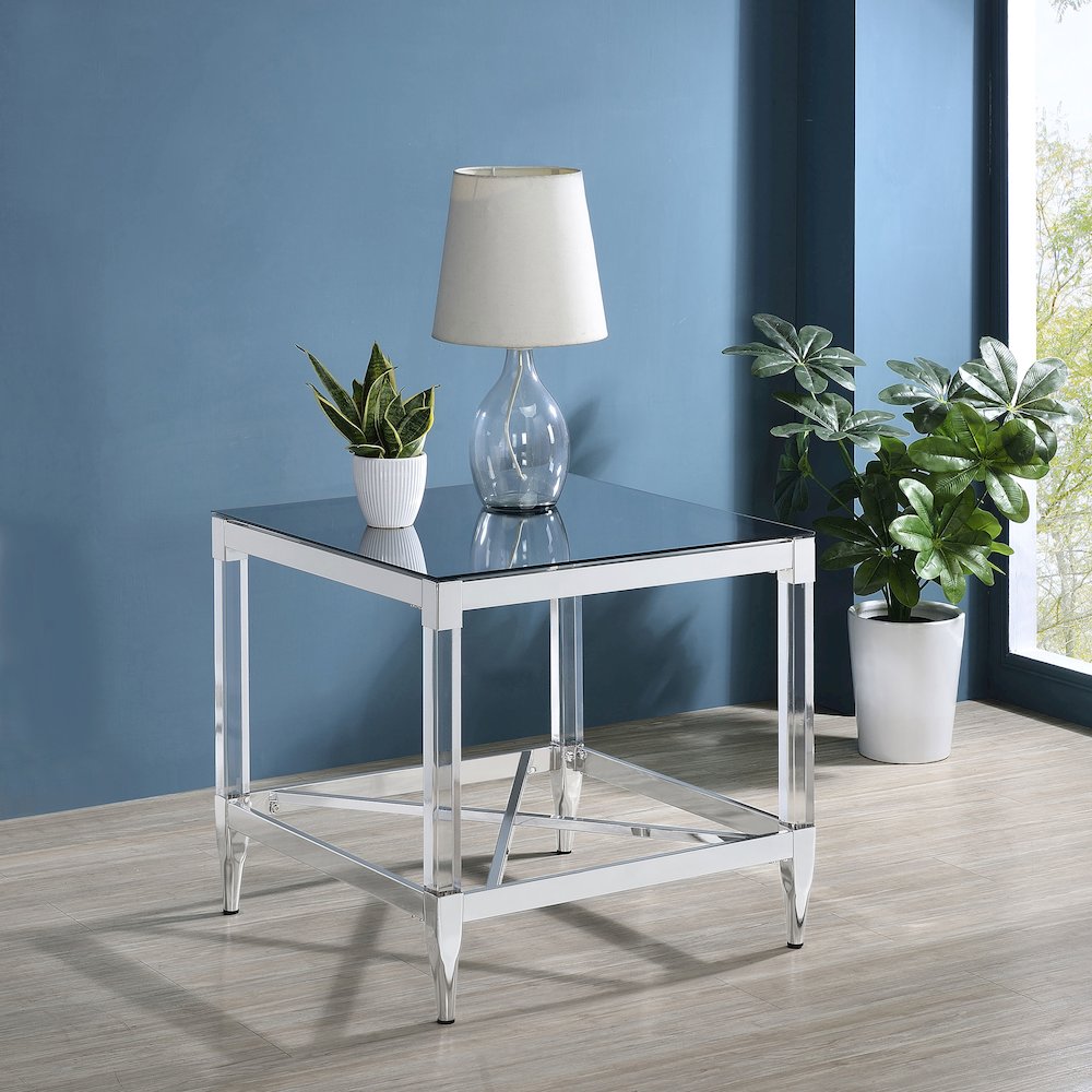 Chrome Square End Table with Acrylic Legs. Picture 2