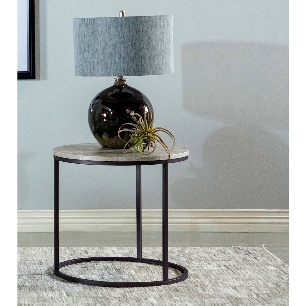 Grey Faux Marble and Gunmetal Round End Table. Picture 2
