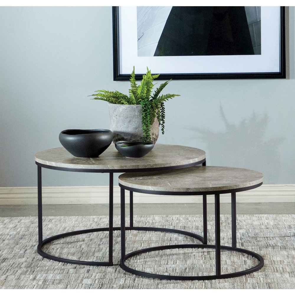 Grey Faux Marble and Gunmetal 2-piece Nesting Coffee Table. Picture 2