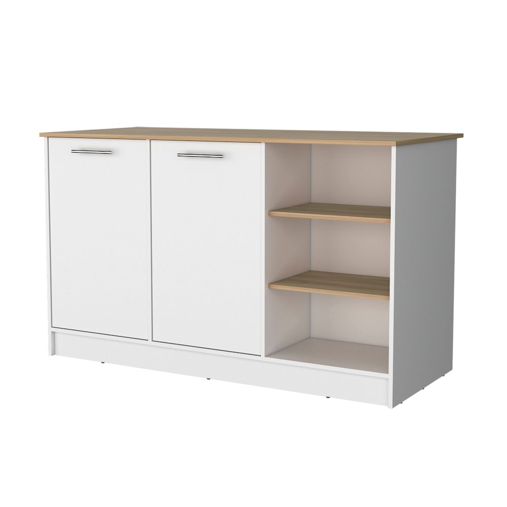 2-Door Kitchen Island with 3 Open Shelves Marquez White and Ash. Picture 1